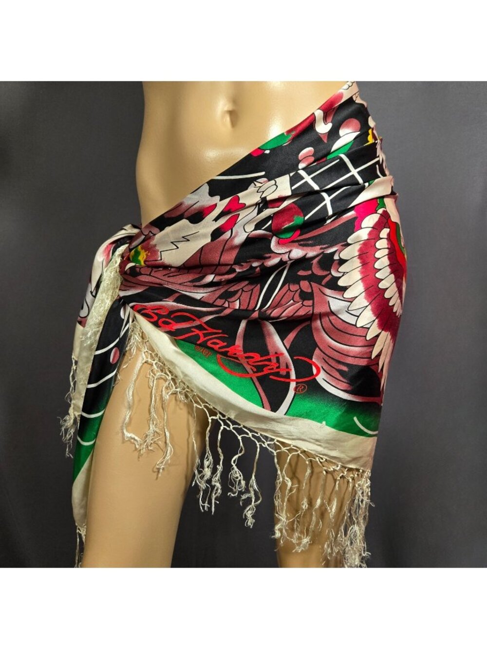 Vintage Ed Hardy Silk Fringed Scarf Large Square True Til Death Skulls Koi Y2K